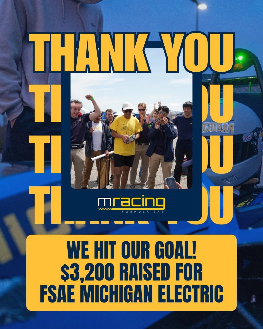 We hit our $3,200 Giving Tuesday goal!!!
Your support means everything to us, THANK YOU!
FSAE Michigan Electric, here we come. 🔋🏎️
Go fast #GoBlue 💙💛