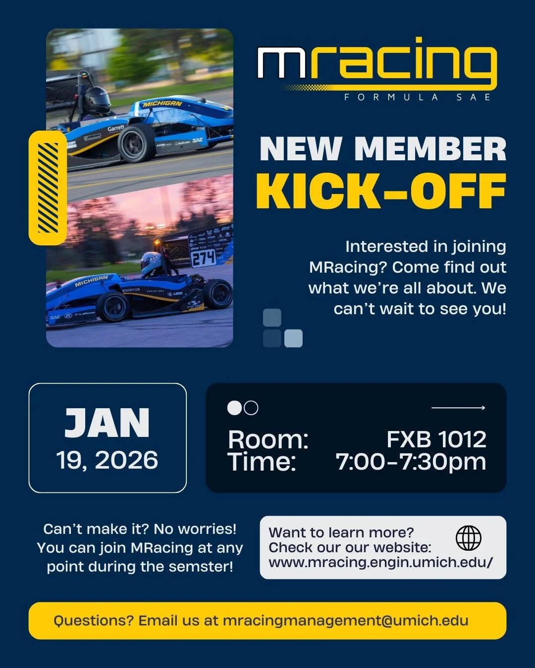 Interested in race cars? Want hands-on experience? Looking for a team committed to supporting each other and giving it their all? 

Founded in 1986, MRacing is the University of Michigan's Formula SAE team. Each year we build a formula-style EV race 