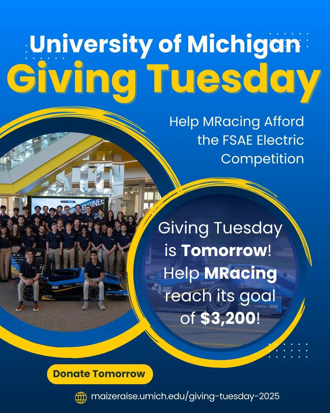 Tomorrow, Tuesday, December 2nd, is Giving Tuesday &ndash; a great way to give back during the holiday season.
Thanks to students, alumni, sponsors, and donors like you, MRacing has been able to provide its members with the opportunity to develop as 