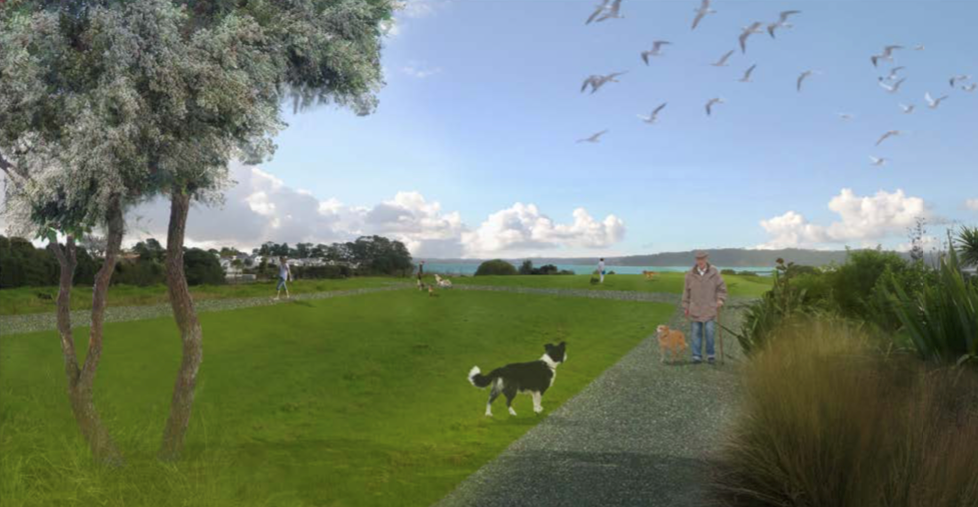 Render of the proposed improvements to Meola Reef Reserve Te Tokaroa, adjacent the proposed Erebus Memorial Park. Includes dog walking park.