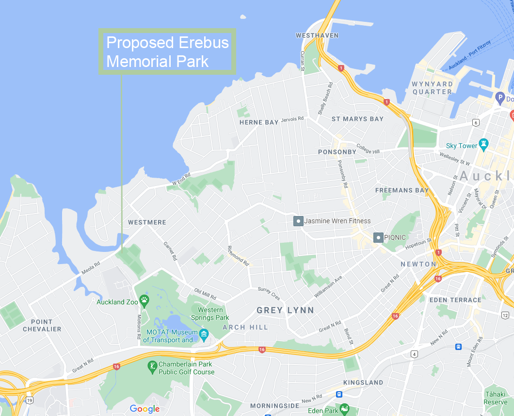 Map of the location of the Erebus Memorial Park in relation to Auckland city.