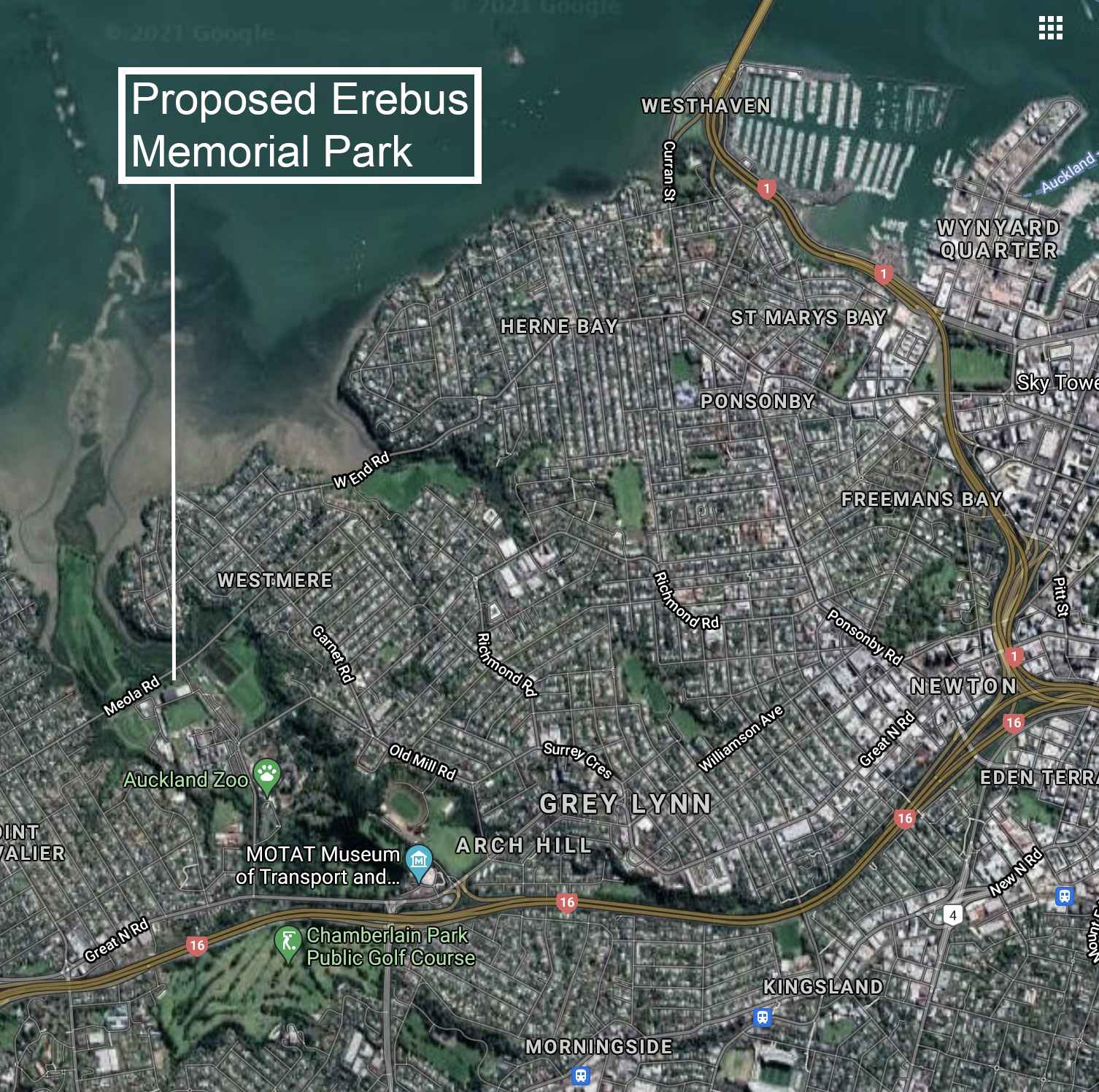 Location of the Erebus Memorial Park in relation to the city centre.