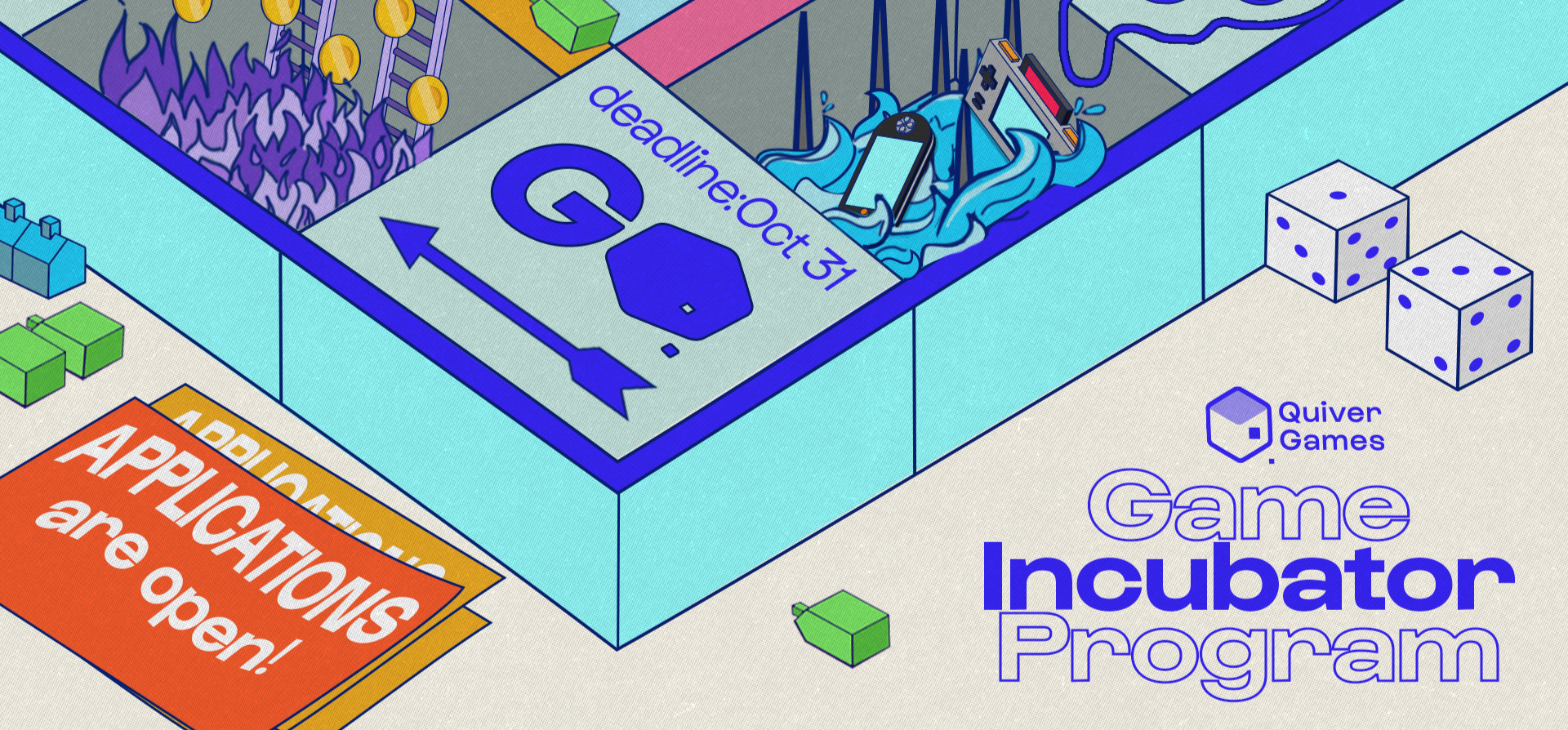 Illustration of a mountain with snow caps, a red flag on top, and three characters in the foreground, with one dressed as a hero, signaling an invitation to join OIVIER GAMES Developer's Guild Incubator, applying by May 25th, June 2026.