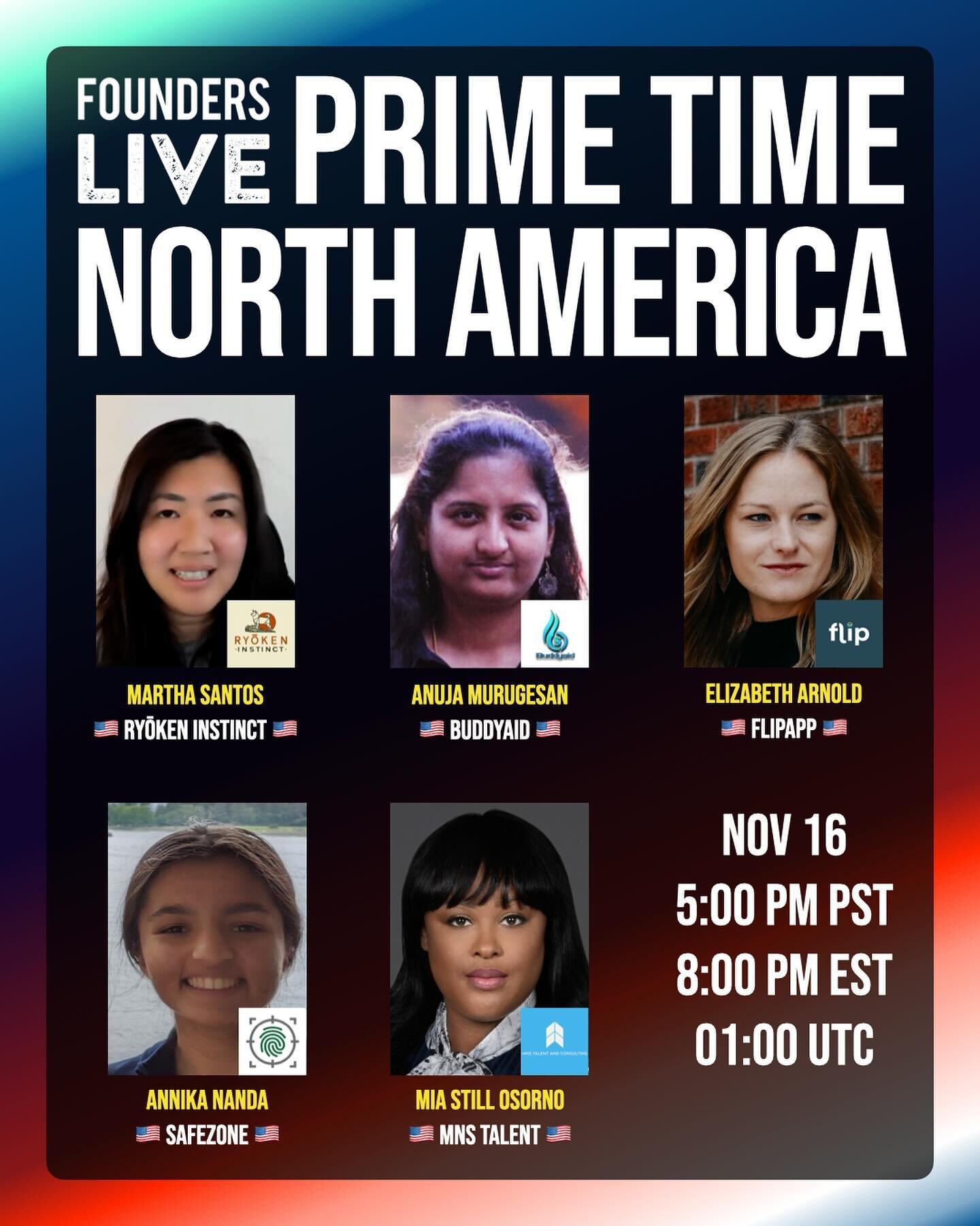 Join us for the North America regional finals on Thursday - Day 4 of Prime Time and Global Entrepreneurship Week!

North America&rsquo;s top 5 founders and their startups:
🇺🇸 Martha Santos - @ryokeninstinct - Seattle, WA
🇺🇸 Anuja Murugesan - Budd