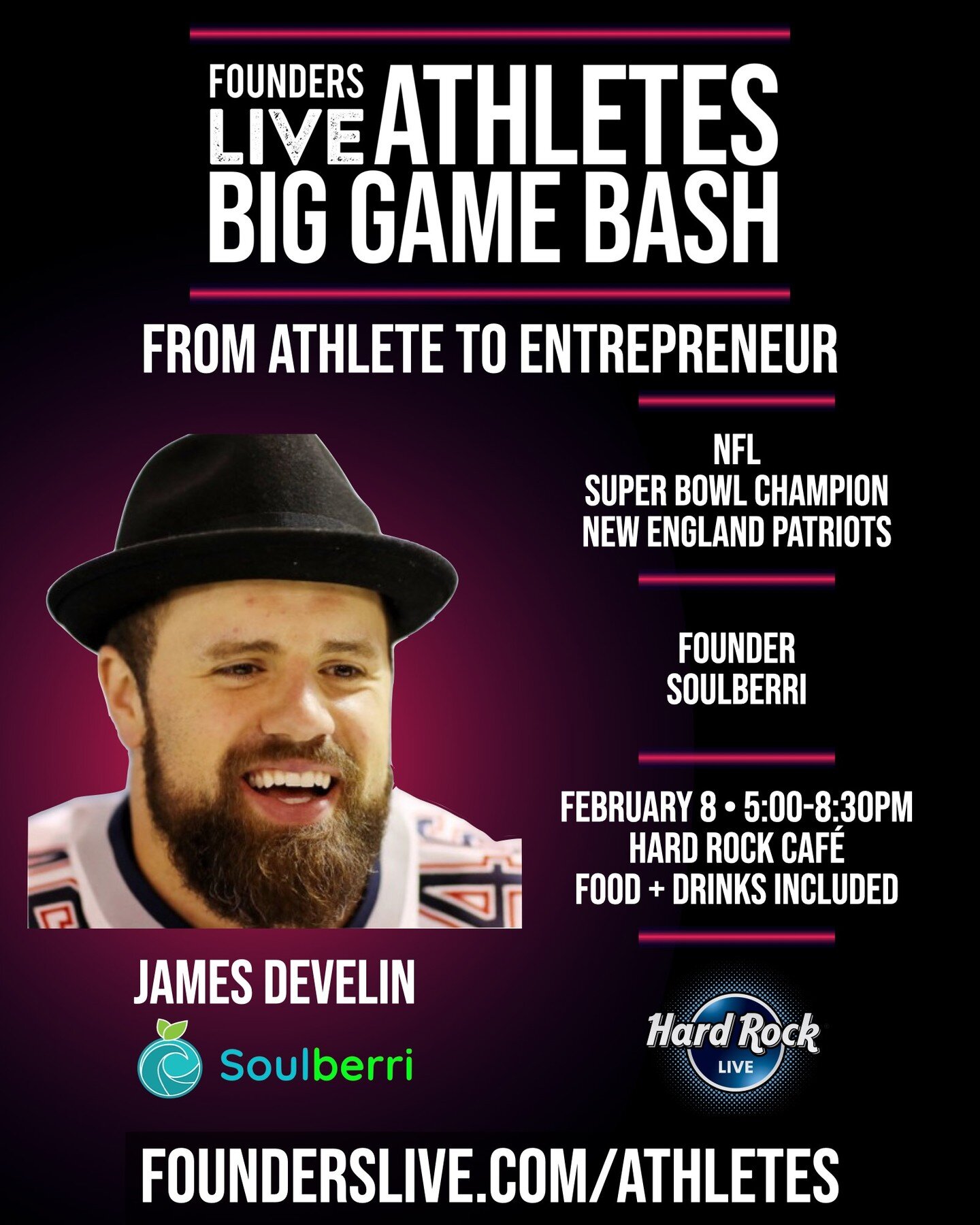 The main event of Founders Live Athletes - Big Game Bash is our pitch competition, featuring these athletes-turned-founders who've taken the next step into #entrepreneurship! See you at Hard Rock Live on the Las Vegas Strip!

&bull; @jdevelin, Super 