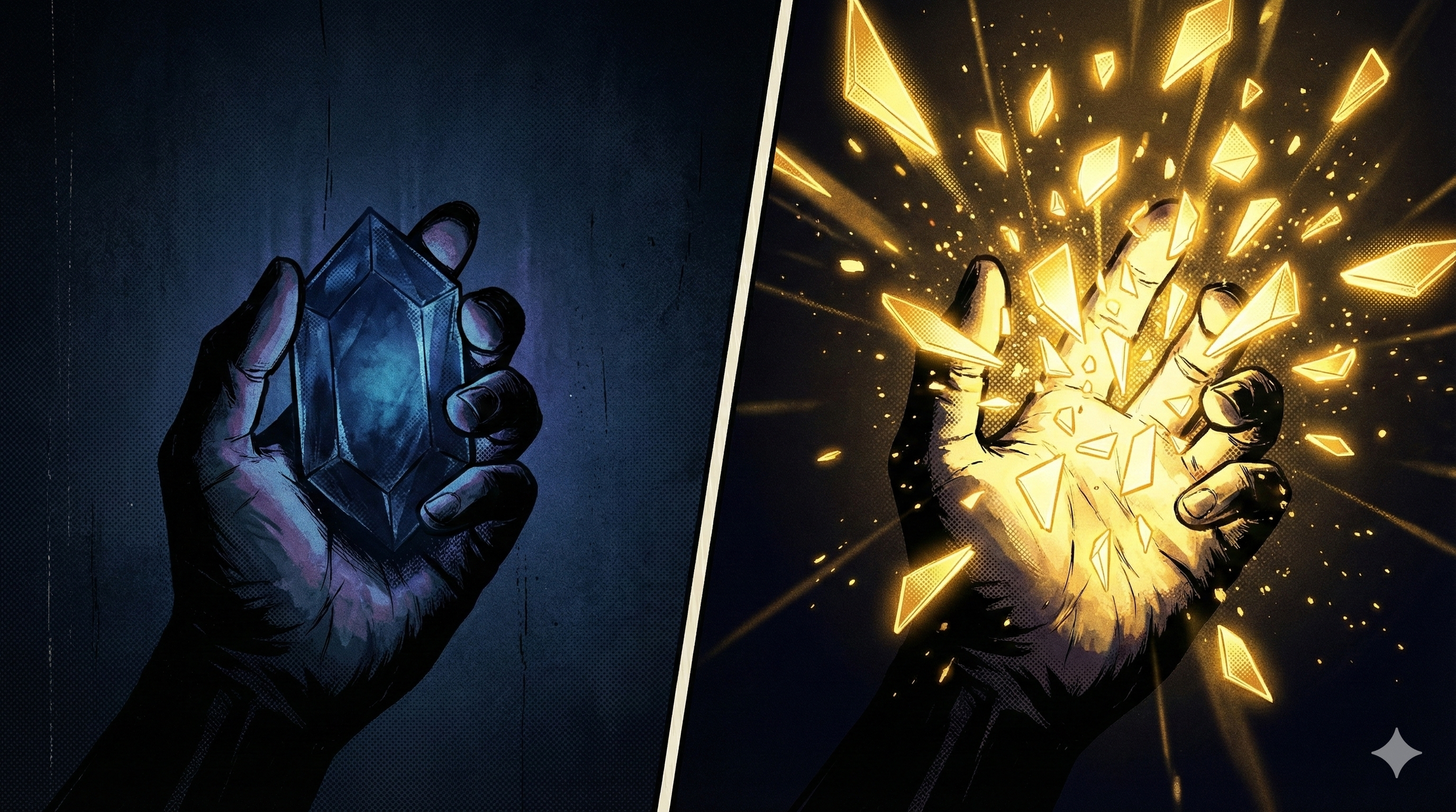 Split-screen art showing a blue crystal shattering into glowing gold shards, symbolizing content atomization.