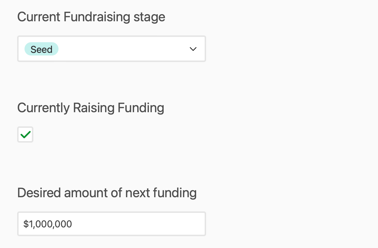 Screenshot of a fundraising progress page showing the current stage as 'Seed,' with a checked box indicating funding is being raised, and a target of one million dollars.
