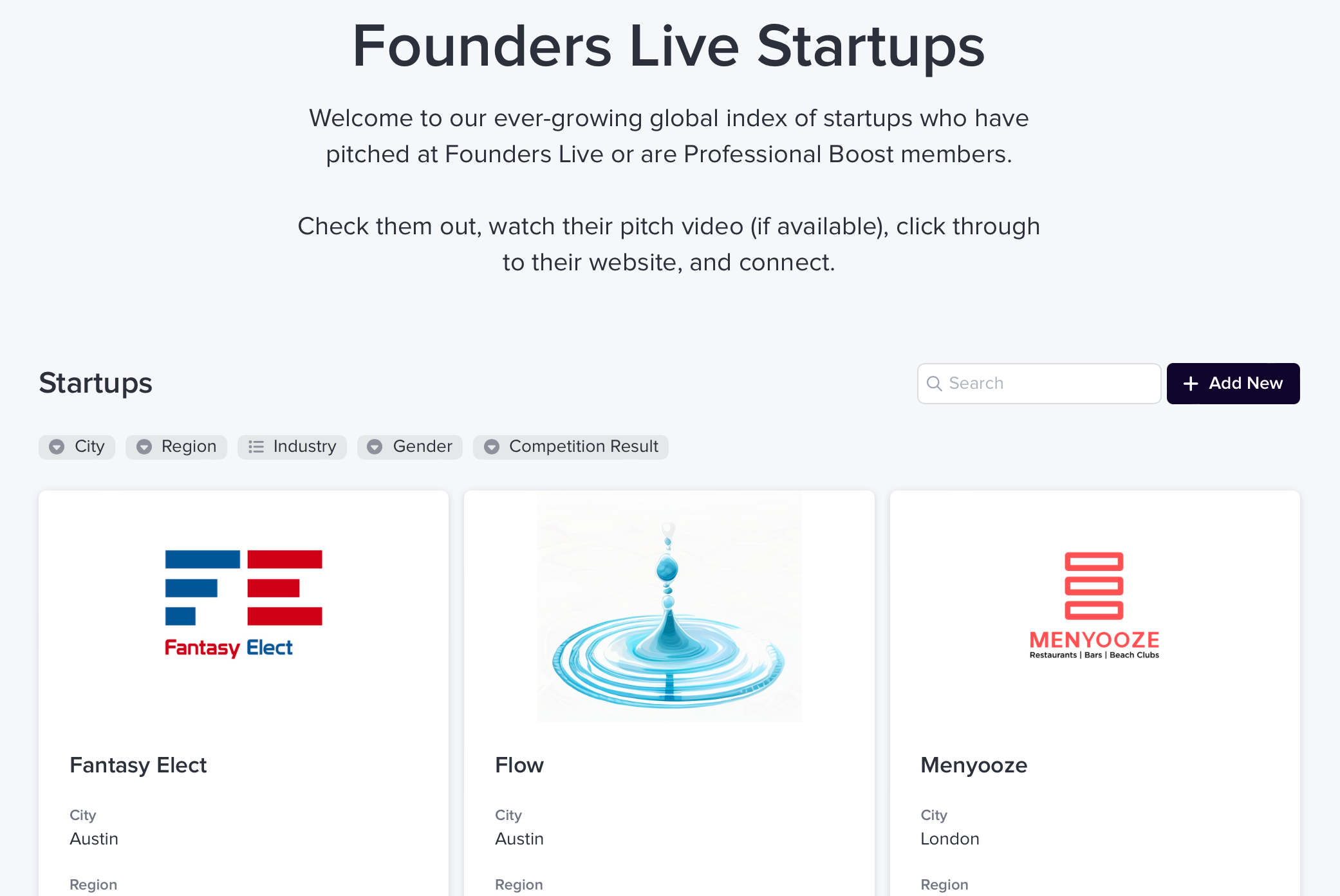Webpage titled 'Founders Live Startups' with an introduction text and a list of three startup profiles: Fantasy Elect, Flow, and Menyoze, with their logos and locations.