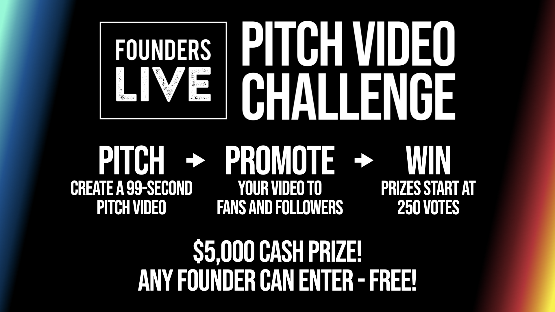 Founders Live Pitch Video Challenge banner - Pitch: Create a 99-second pitch video - Promote your video to fans and followers - Win prizes starting at 250 votes - $5,000 cash prize - Any founder can enter - FREE!