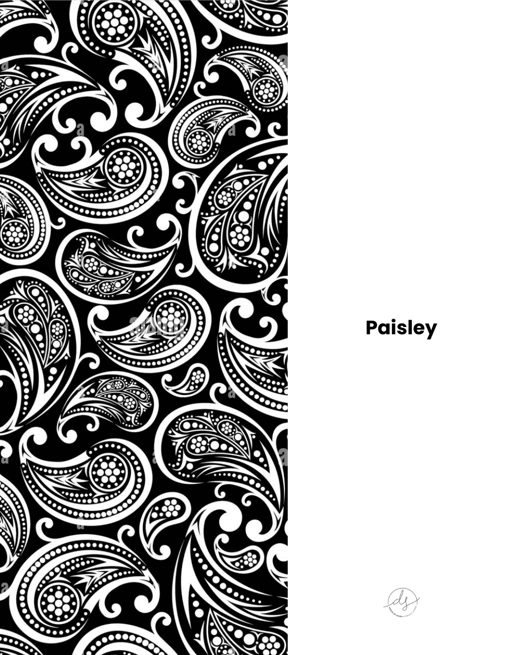 Estampado paisley con motivo en forma de lágrima curvada y detalles ornamentales de inspiración persa.