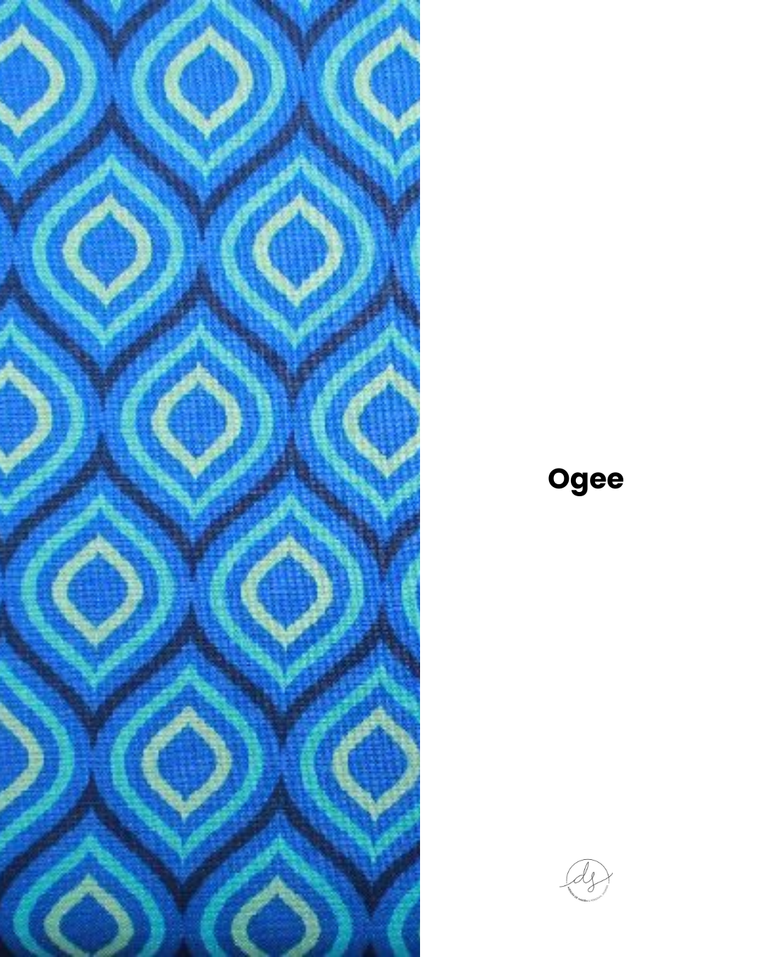 Diseño ogée con curvas repetidas en forma de S, patrón decorativo fluido utilizado en textiles sofisticados.