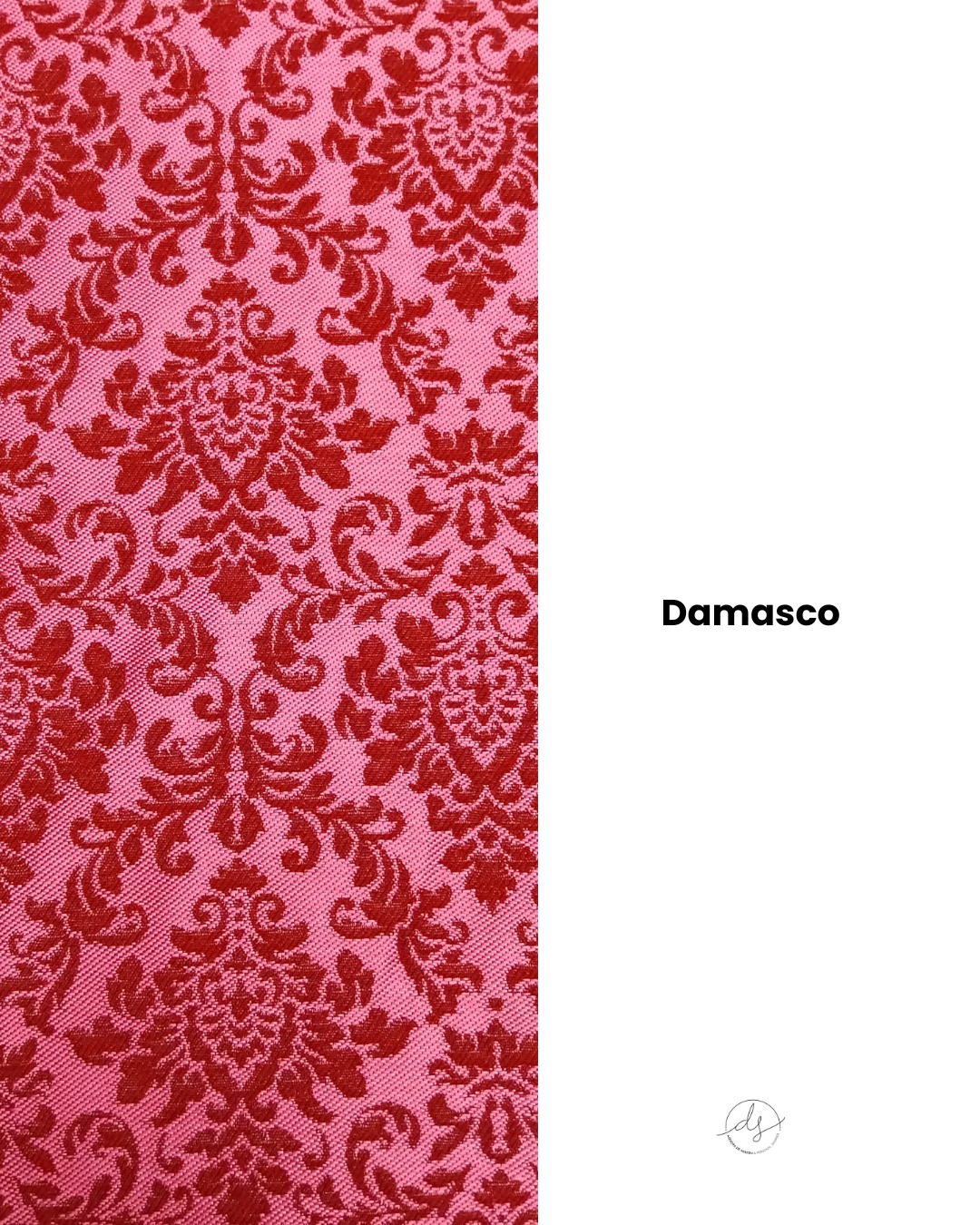 Tela con patrón damasco ornamental simétrico de inspiración barroca en tonos elegantes y sofisticados.