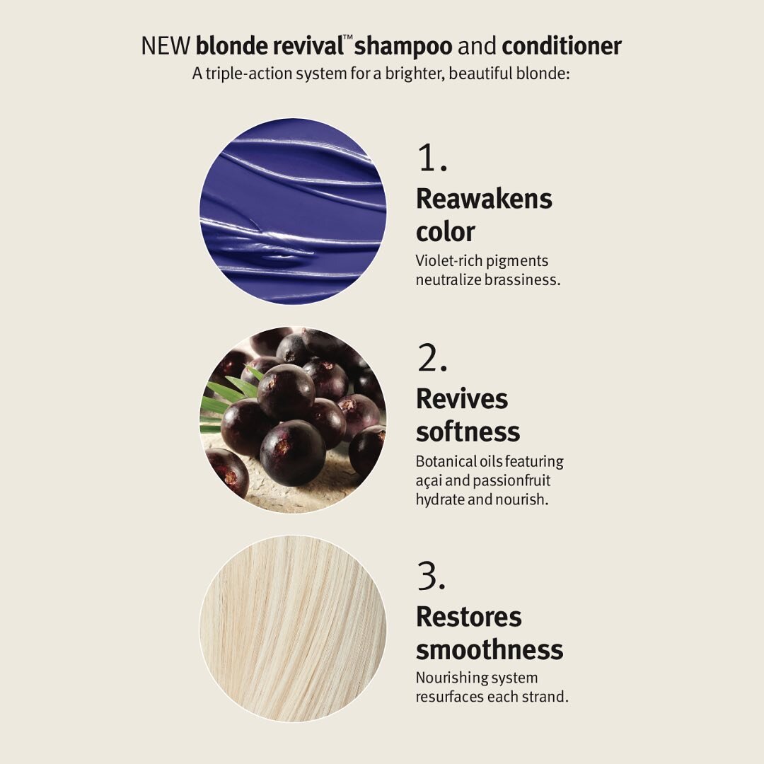 Aveda's triple-action Blonde Revival system delivers your best blonde by: 1) infusing purple tones to neutralize yellowing, 2) reviving softness with pure botanical oils, and 3) resurfacing hair fibers to restore smoothness. 👱🏻&zwj;♀️ 👱🏽&zwj;♀️ ?