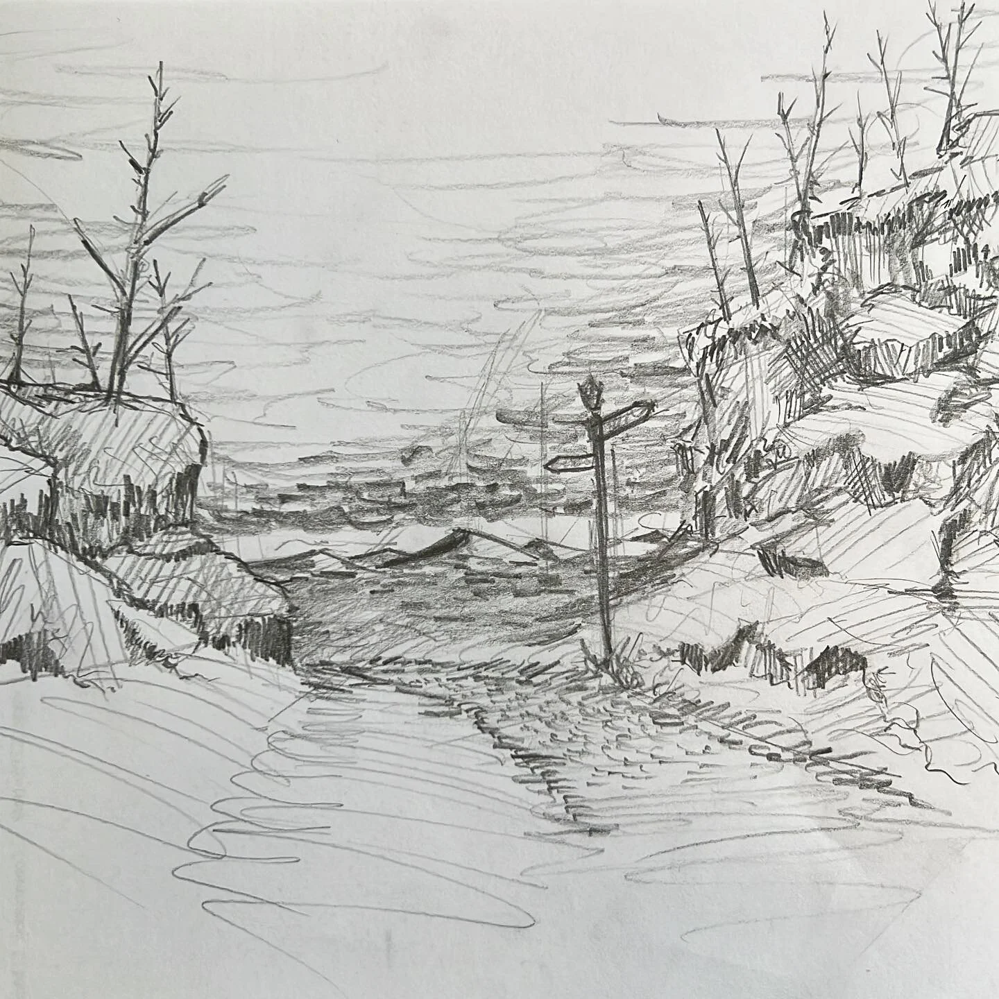Quick auto-sketch of a landscape. It&rsquo;s really rewarding drawing without a plan and just letting the sketch develop on the page in front of you. This started out as some boxed out buildings but ended up completely different from what I had imagi