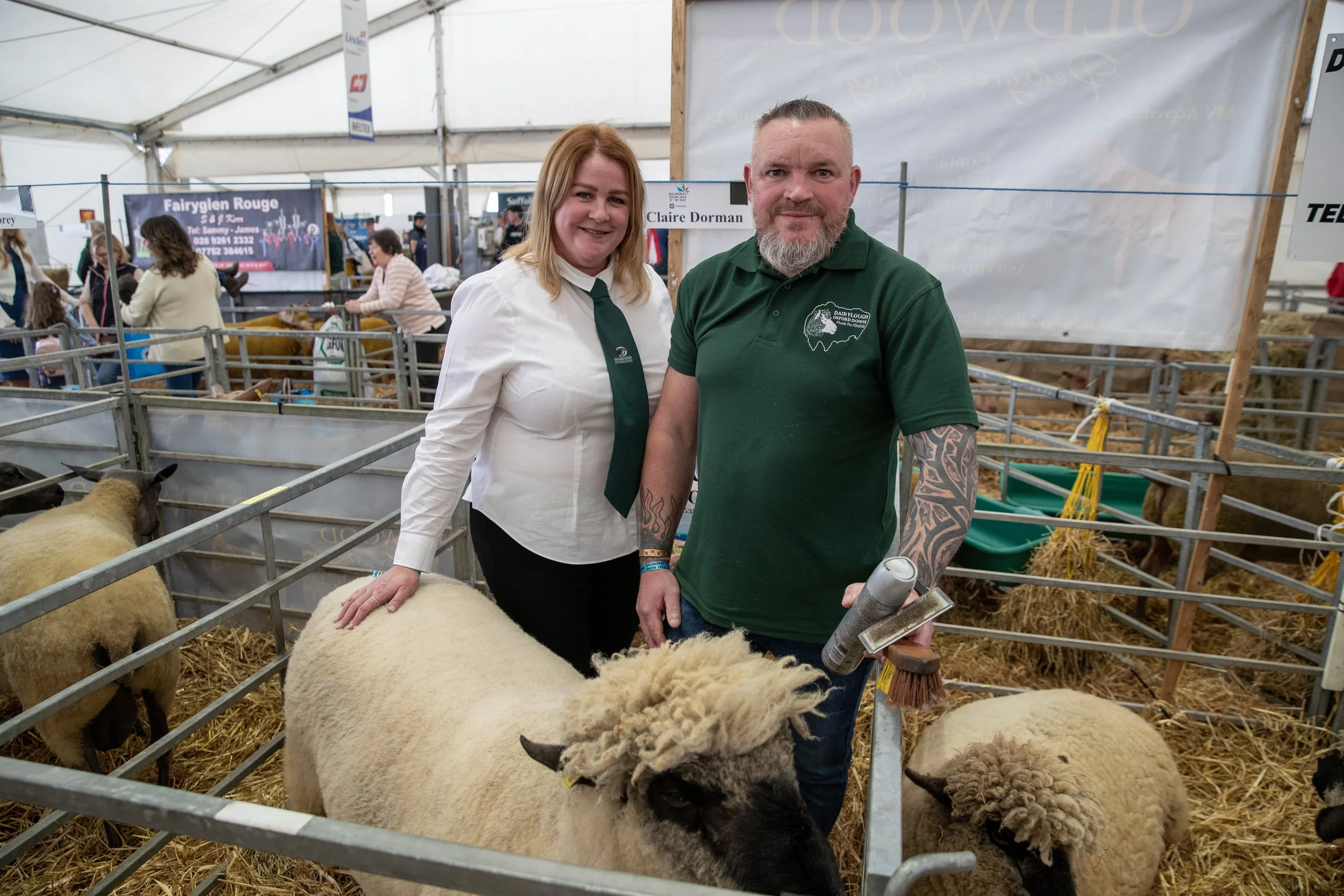 A woman and a man standing inside a livestock tent at a fair, surrounded by sheep in pens. The woman wears a white shirt and a green tie, and the man wears a green polo shirt with tattoos on his arms, holding grooming tools. Another woman is visible 