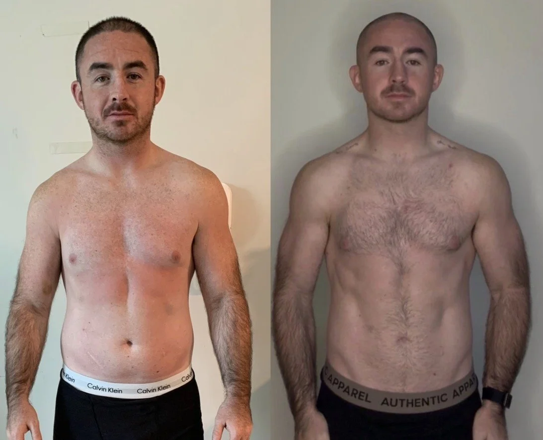 A side-by-side comparison of a shirtless man before and after body transformation showing weight loss and muscle tone improvement.