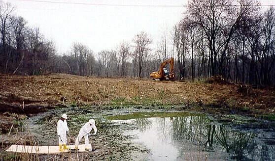 The chemical lagoons at this Superfund site were sampled using a hand auger and other techniques