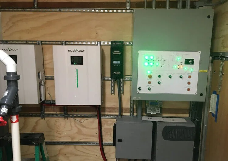 Our recent systems use state-of-the art lithium iron phosphate deep cycle solar batteries (left); battery storage supports operation after dark and during rainy periods