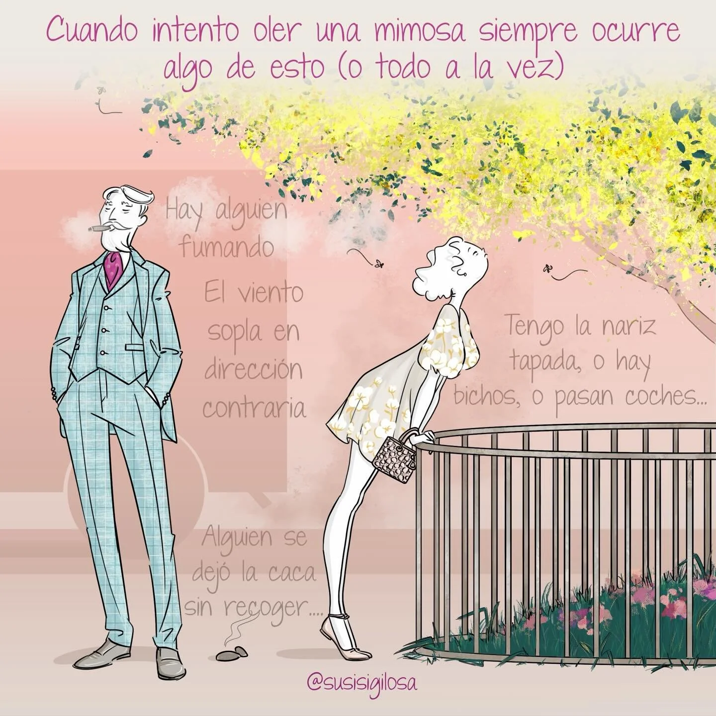 Otro a&ntilde;o que me quedo sin oler las #mimosas... 
He tardado tanto en hacer esta #vi&ntilde;eta que hasta se han marchitado ya😀.
.
Eleg&iacute; un vestido de @yuliya_magdych que meencant&oacute; y un #ladydiormini de @dior para el outfit 🤍.
.
