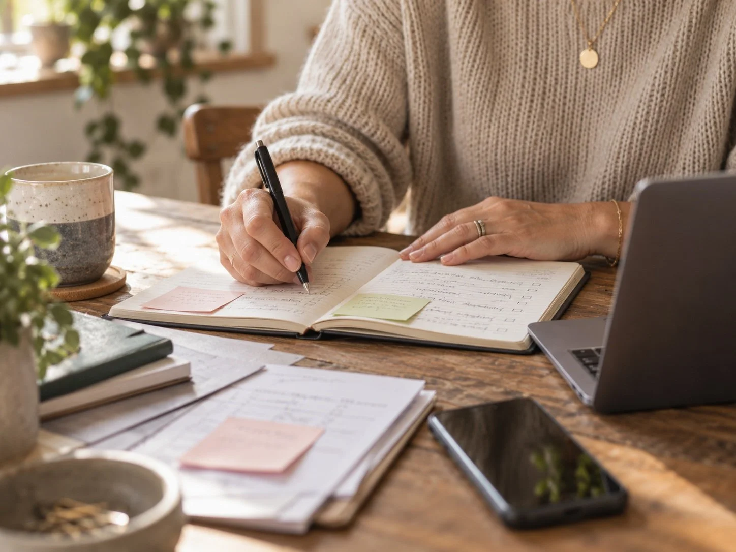 A person writing in a notebook at a cluttered wooden desk, with a coffee mug, laptop, phone, and papers around.