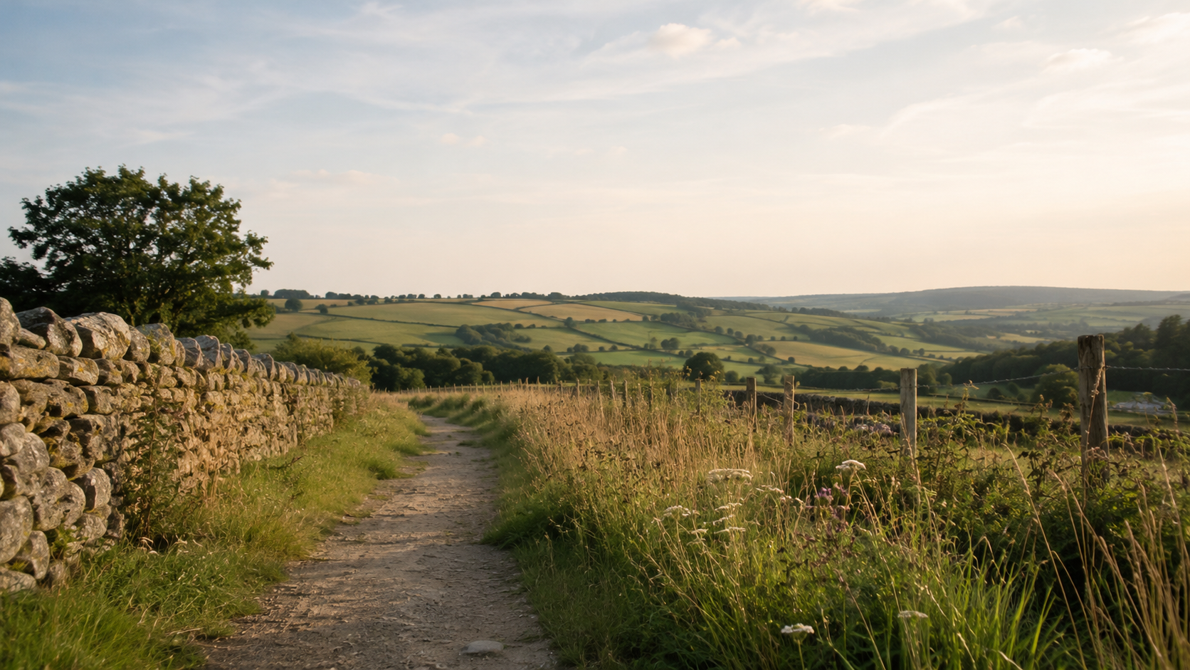 A dirt country road runs alongside a stone fence on the left, with lush green fields and rolling hills in the background under a partly cloudy sky.