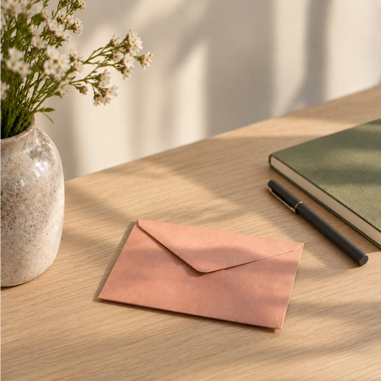 A wooden desk with a pink envelope, a black pen, a green notebook, and a white vase with white flowers.
