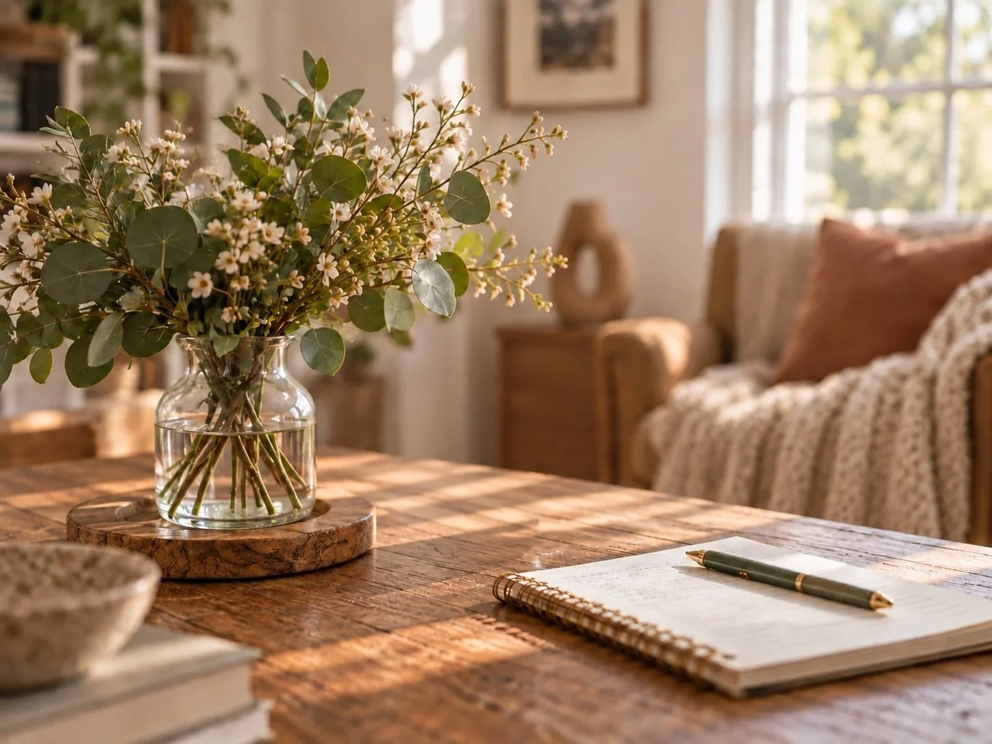 A glass vase with greenery and small white flowers on a wooden table in a cozy living room with natural light, a notebook with a pen, and blurred furniture and decor in the background.