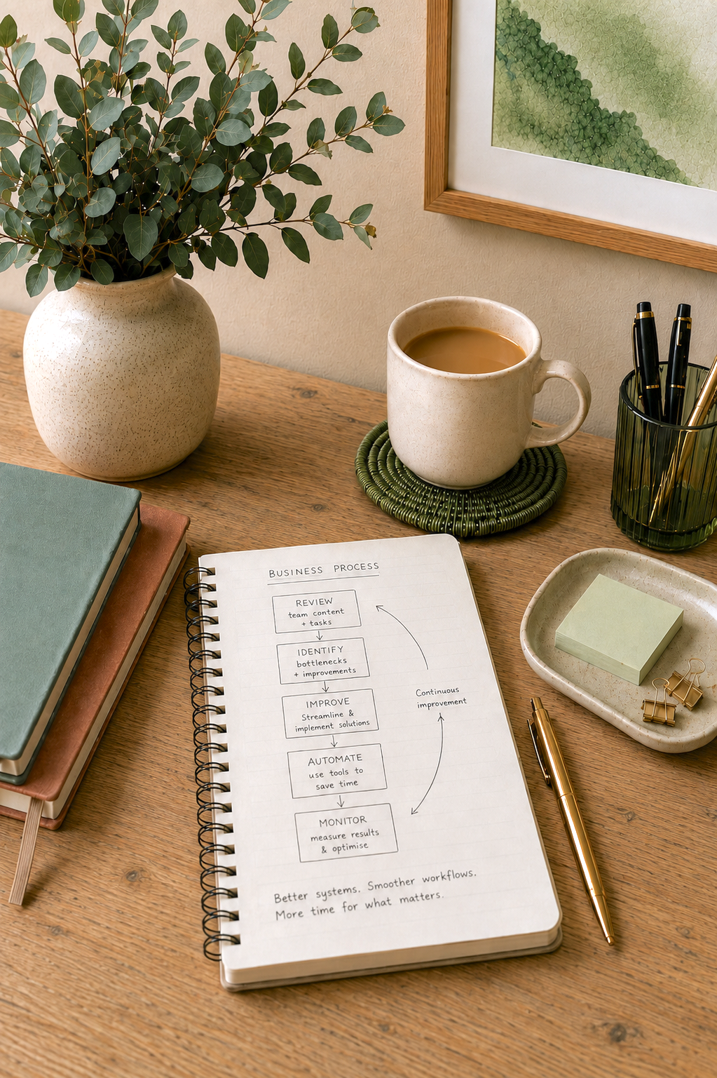 A wooden desk with a laptop displaying a digital calendar and notes, a potted plant, a mug of coffee, and a notebook with handwritten notes and a gold pen.