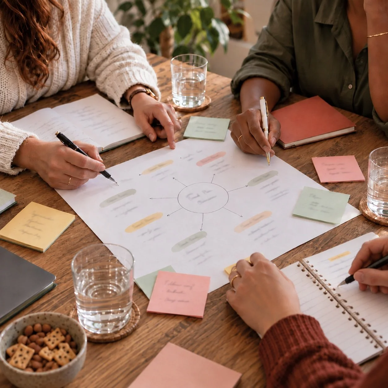 People working on a collaborative project at a wooden table, using pens on a diagram with sticky notes and notebooks, with glasses of water nearby.