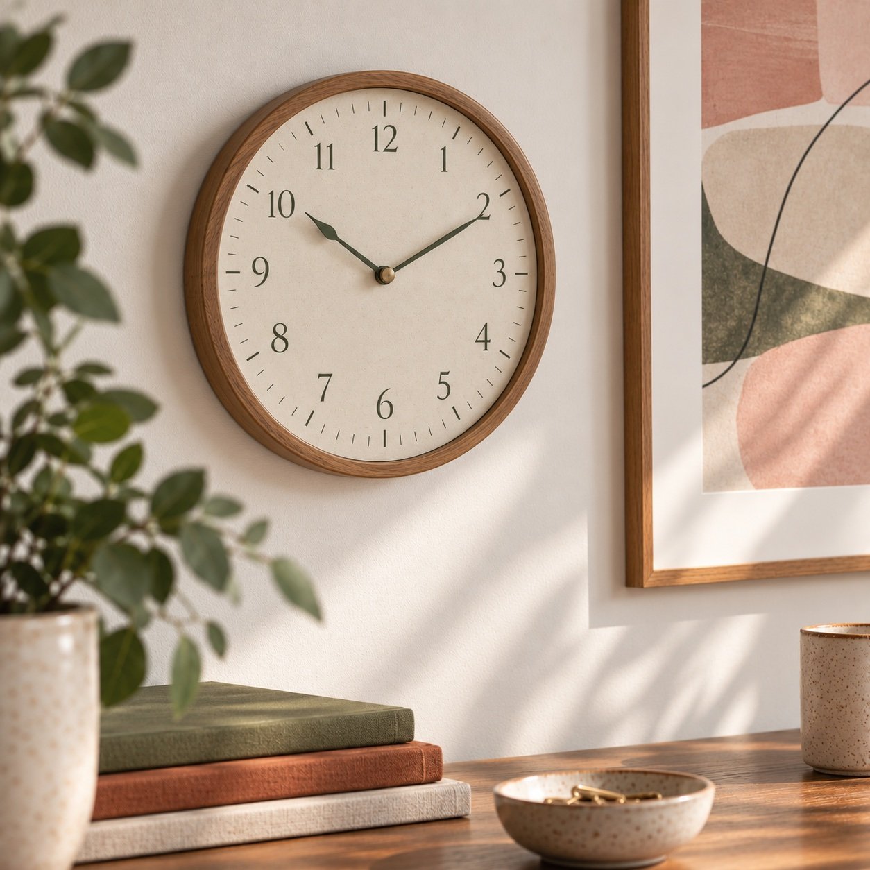 A round wall clock with a wooden frame showing the time as 10:10, hanging on a beige wall next to an abstract framed artwork.