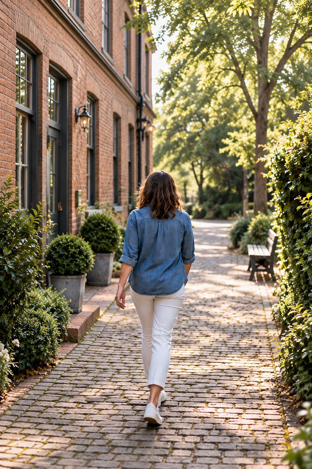 Woman standing at an open door, holding a mug, looking out at a garden with plants and trees.