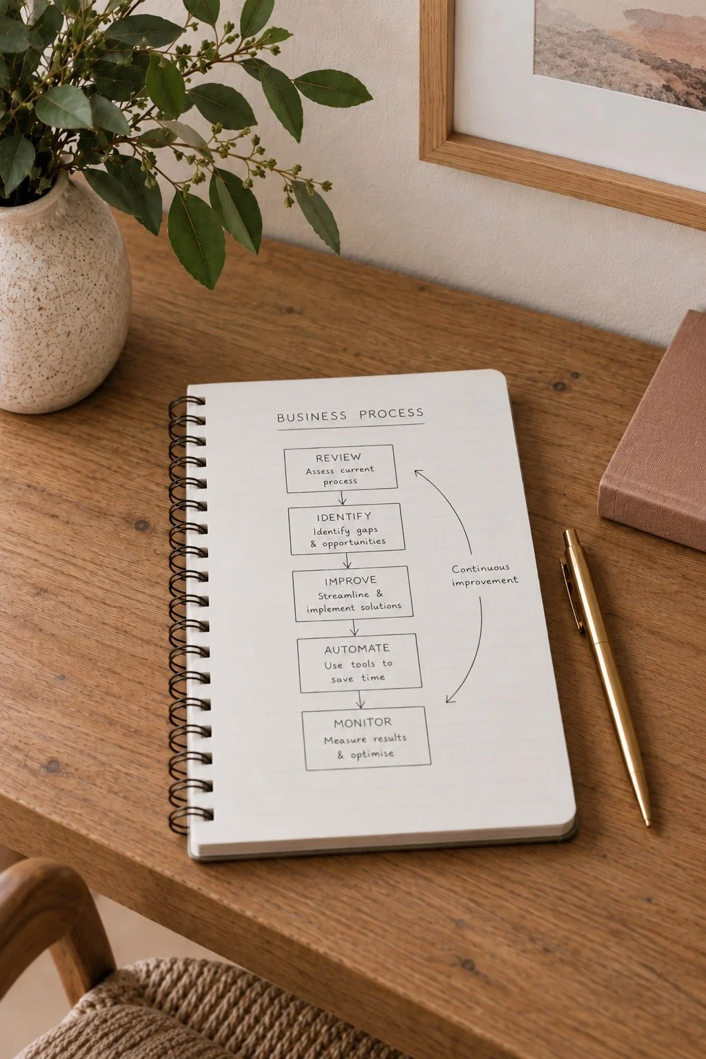 A wooden desk with a laptop displaying a digital calendar and notes, a potted plant, a mug of coffee, and a notebook with handwritten notes and a gold pen.