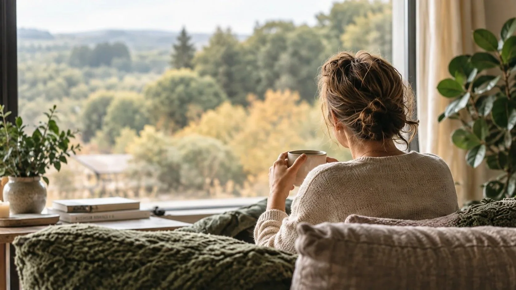 Woman standing at an open door, holding a mug, looking out at a garden with plants and trees.