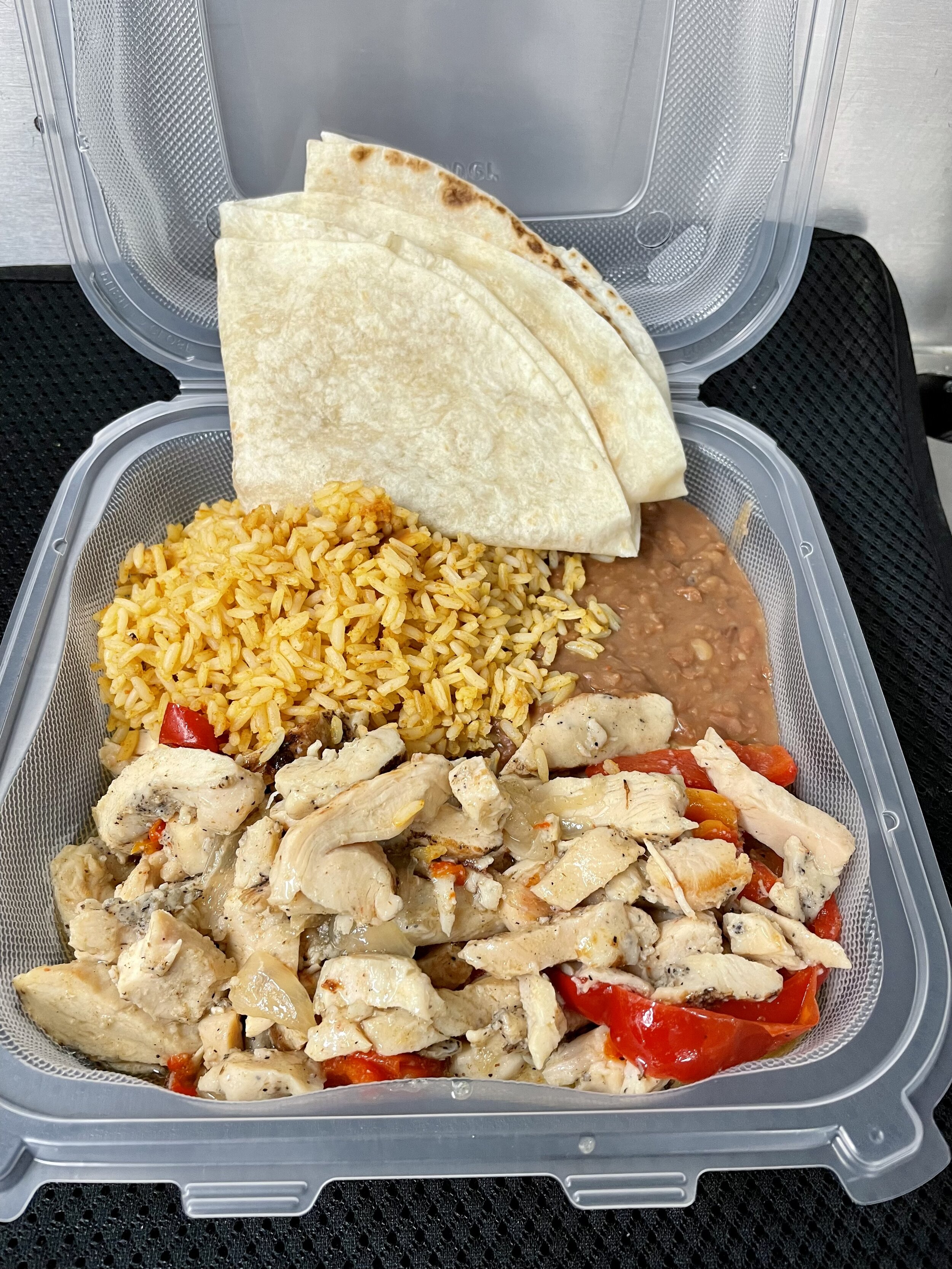 Fajita Night! Grilled Chicken, Refried Beans, Flour Tortillas and Spanish Rice