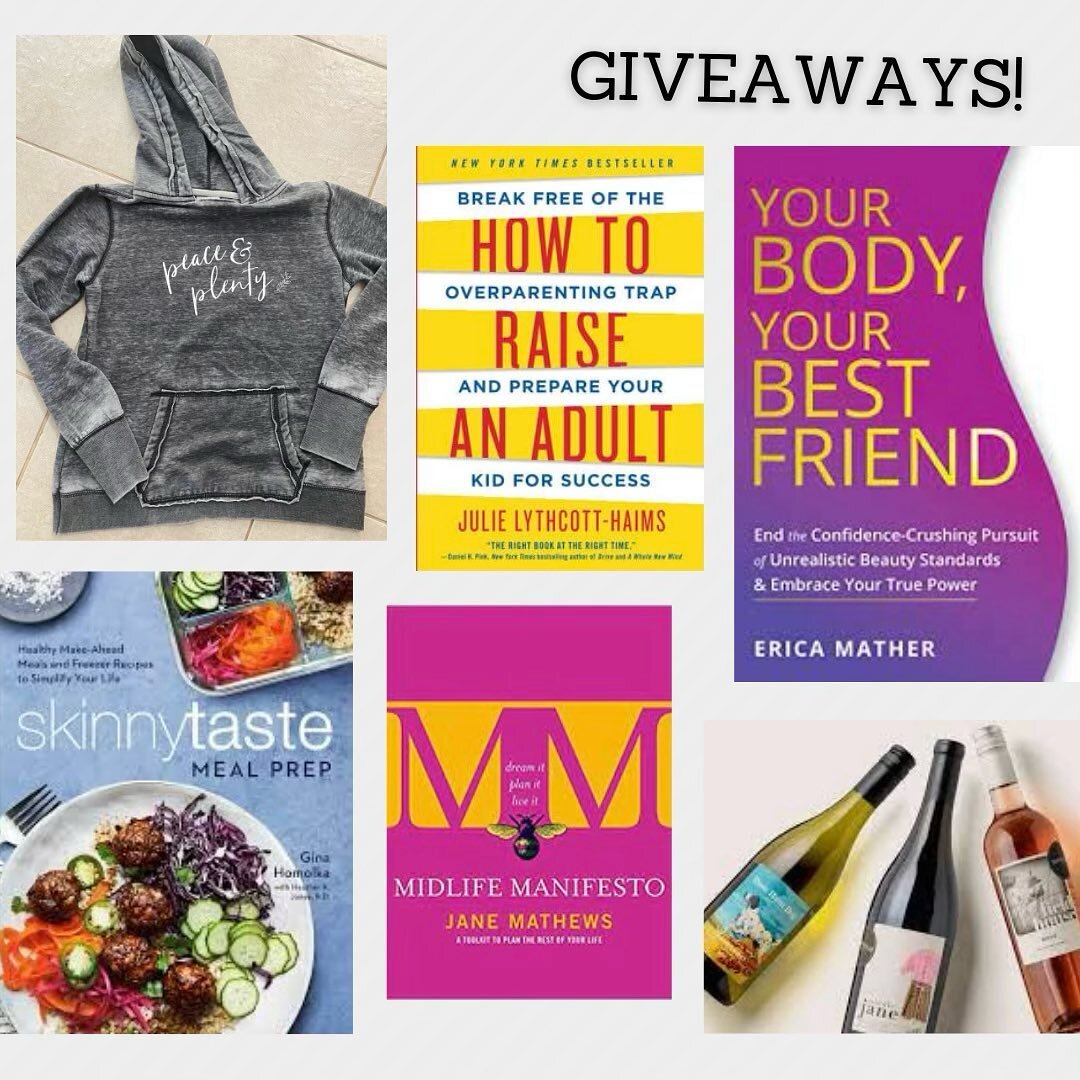 ✨Midlife Mama Conference Bonuses✨

Giveaways:

⭐️ Skinnytaste Meal Prep cookbook 

⭐️Your Body,Your Best Friend

⭐️How to Raise An Adult

⭐️Midlife Manifesto

⭐️Scout &amp; Cellar wine

⭐️Peace &amp; Plenty sweatshirt 

✨AND...EVERYONE who registers 