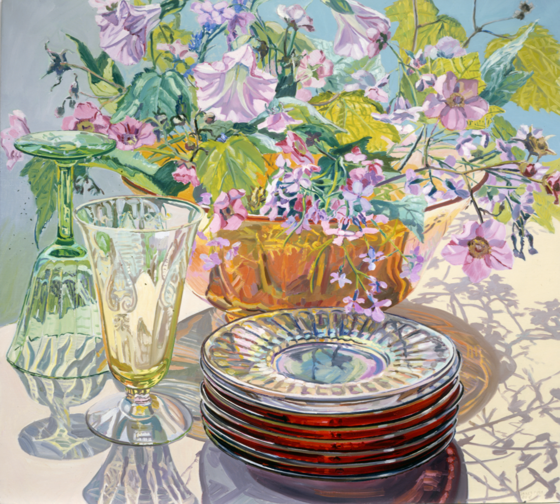 Red Plates and Wild Raspberries, 1980, 38 x 42 inches