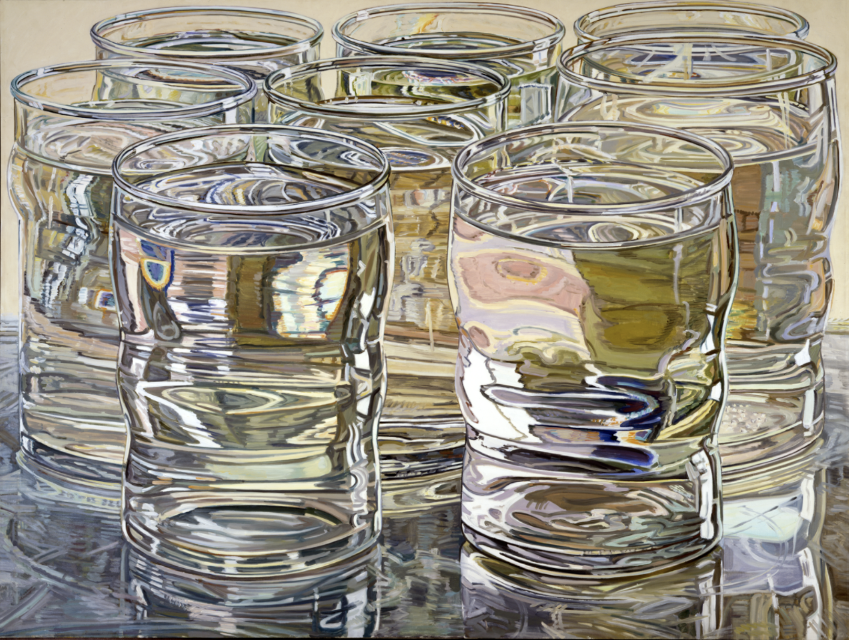 Eight Water Glasses Fluorescent Light, 1974, 54 x 72 inches