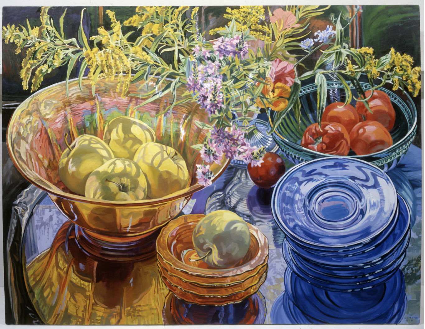 Orange Bowl and Yellow Apples, 1980, 46 x 50 inches