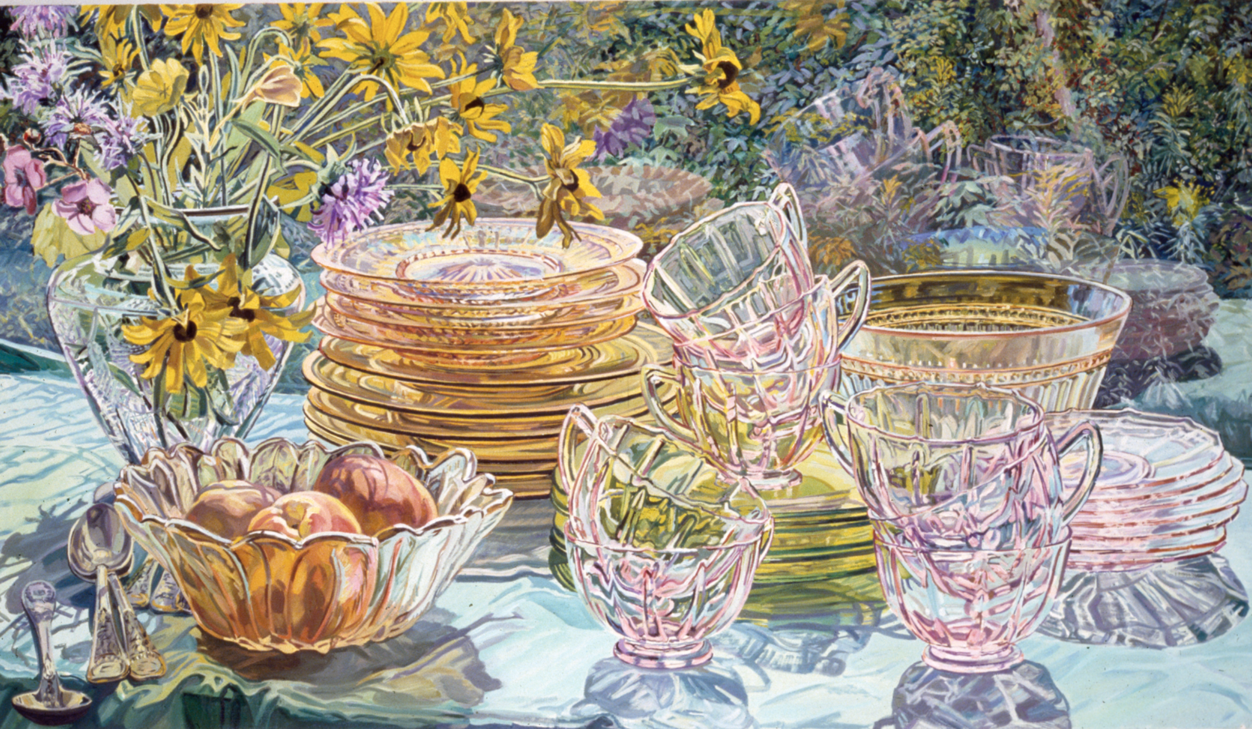 Peaches, Black-Eyed Susans and Teacups, 1980, 46 x 80 inches
