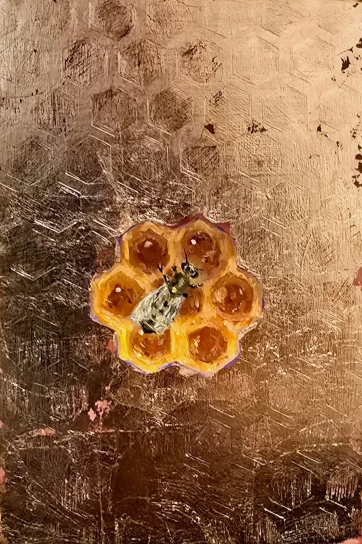 Painting of a honeycomb with a bee on it, on a textured gold leaf background