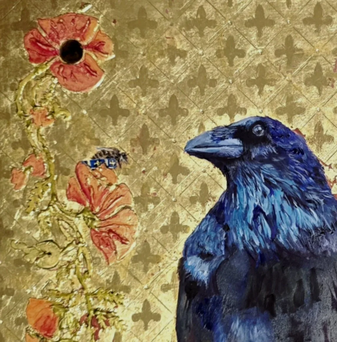 A painting of a blue and black raven facing left, with a background featuring a gold pattern of fleur-de-lis and leaf motifs, and a vertical row of pinkish-red flowers with green stems on the left.