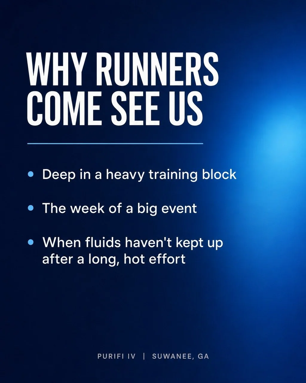 Three reasons runners actually end up at our door. 🏃&zwj;♀️

Deep in a training block. When the mileage weeks start stacking up, some clients add a hydration drip or a B12 shot to their routine while they're in the thick of it.

The week of a big ev