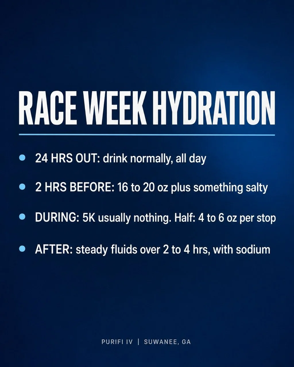 Race week hydration, on a timeline. ⏱️

24 hours out. Drink normally across the whole day, not all at once. Pale yellow is the target.

2 hours before. Roughly 16 to 20 oz of fluid, alongside a salty breakfast or an electrolyte drink.

15 minutes bef