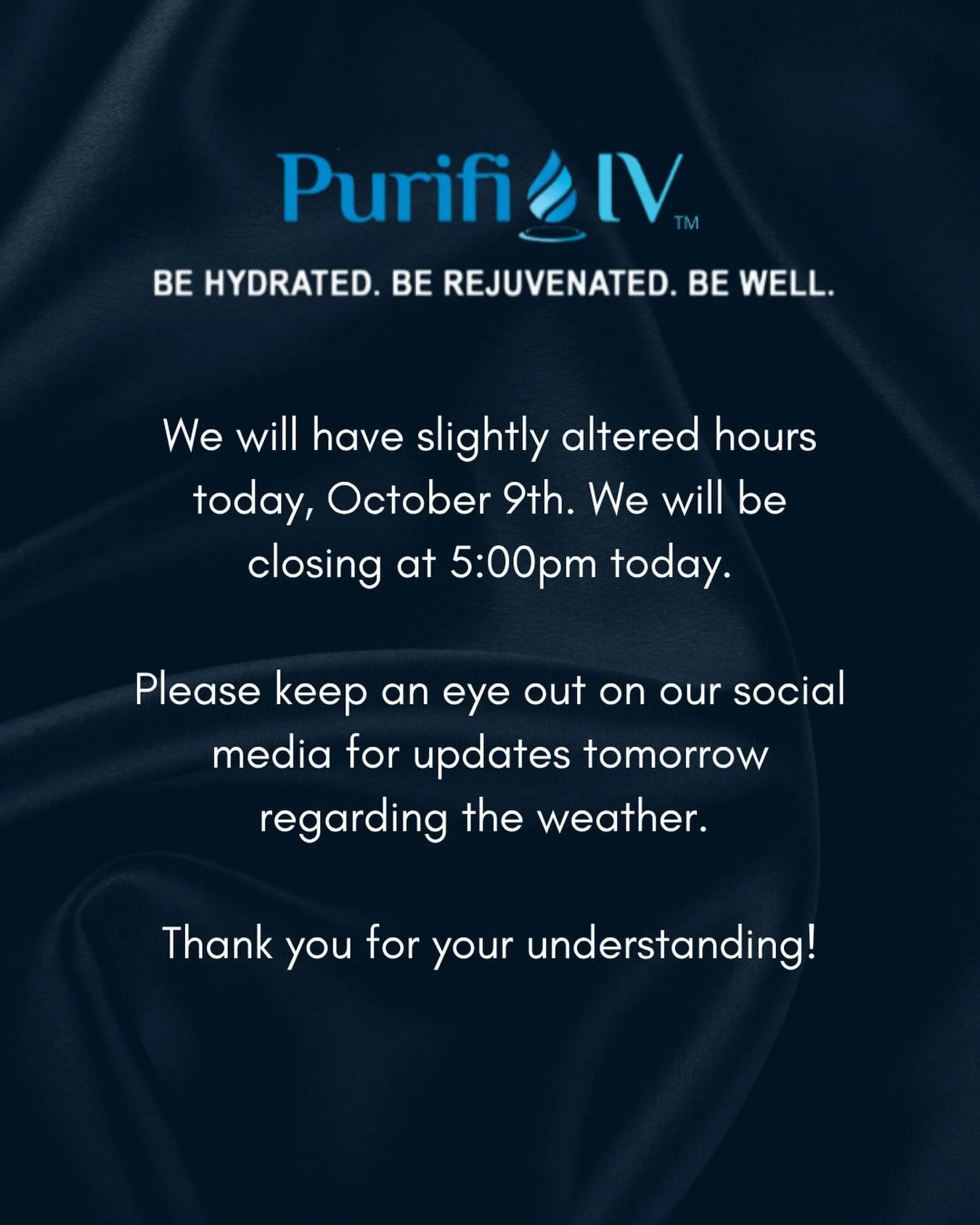 We will have slightly altered hours today, October 9th. We will be closing at 5:00pm today.

Please keep an eye out on our social media for updates tomorrow regarding the weather. 

Thank you for your understanding!