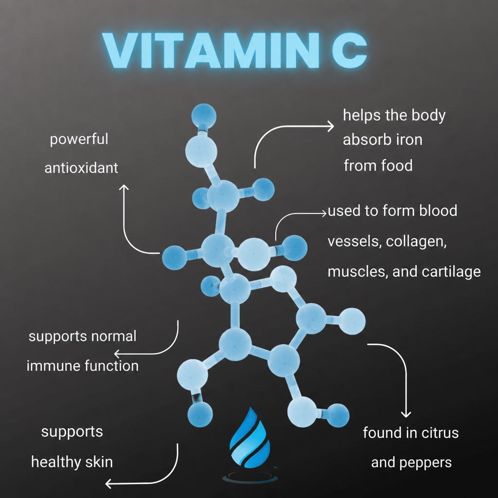 Vitamin C infographic: powerful antioxidant, helps the body absorb iron from food, used to form blood vessels, collagen, muscles, and cartilage, supports normal immune function, supports healthy skin, found in citrus and peppers