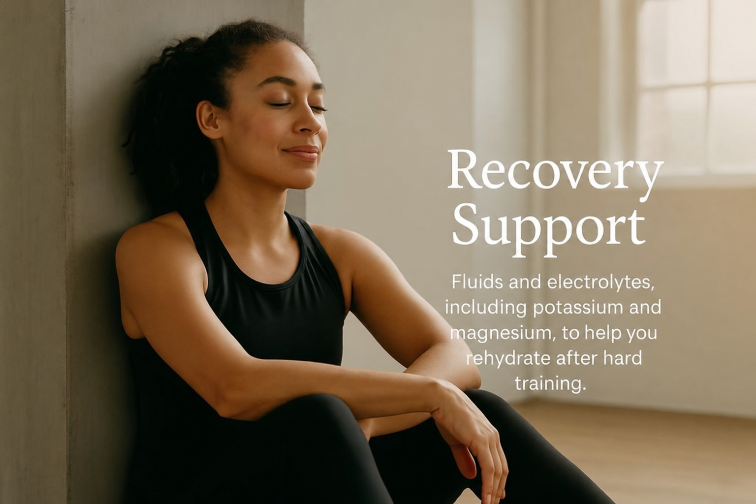 Recovery support. Fluids and electrolytes, including potassium and magnesium, to help you rehydrate after hard training.