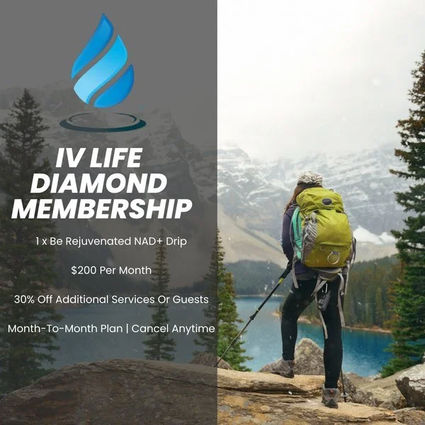 IV Life Diamond Membership advertisement depicting a hiker with backpack looking at a mountain lake, promoting a monthly wellness plan with NAD+ drip, pricing, discounts, and cancellation policy.