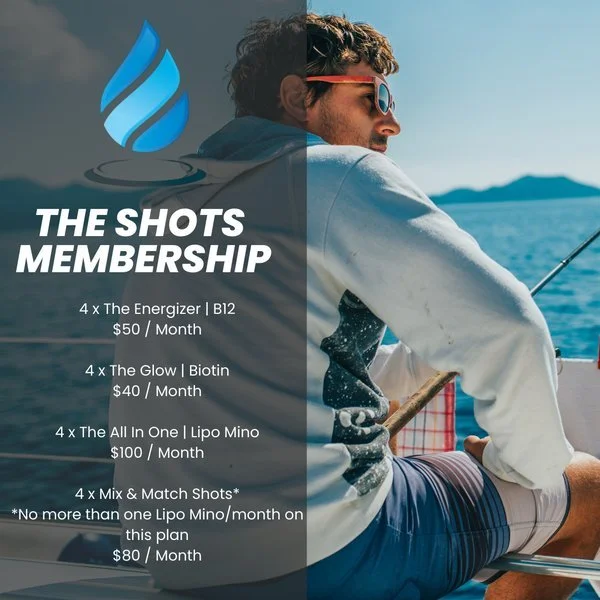 Man sitting and fishing on a boat with a large body of water and mountains in the background; text overlay describes "The Shots Membership" options for wellness shots with pricing and details.