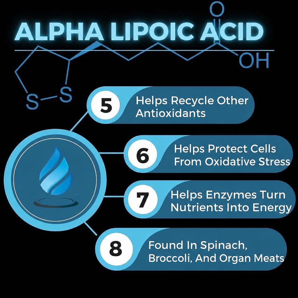 Alpha lipoic acid facts 5 to 8: helps recycle other antioxidants, helps protect cells from oxidative stress, helps enzymes turn nutrients into energy, found in spinach, broccoli, and organ meats