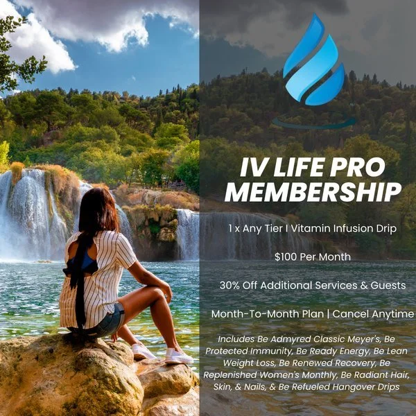 Woman sitting near a waterfall with trees in the background. A promotional graphic for 'IV Life Pro Membership' is overlayed, offering a vitamin infusion drip for $100 per month with additional benefits and services detailed.
